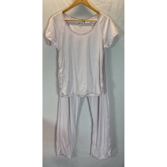Lake Size M Pima Pajama Lounge Set Pink Stripes Pants short sleeve top Luxury - Picture 1 of 9